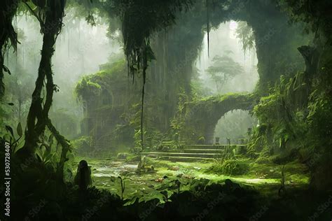 Ruins of an Overgrown Temple, Concept Art, Gaming Art, Background Art, Generative AI Stock ...