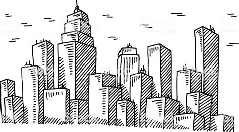 Hand-drawn vector drawing of a Big City Skyline. Black-and-White... | Skyline drawing, City ...