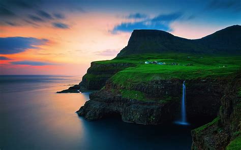 HD wallpaper: Denmark, the Faroe Islands, village, mountains, waterfalls, sunset | Wallpaper Flare