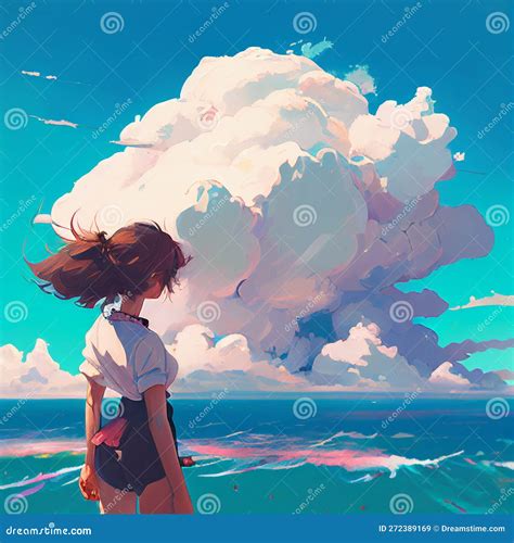 Cute Anime Girl Standing in Front of Ocean and Big Cloud Digital Art Stock Illustration ...