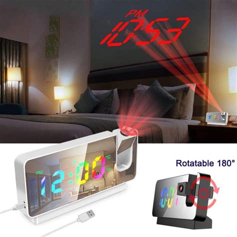 Rechargeable Digital Projection Alarm Clock 180° Rotation Large Colorful LED Ceiling Projector ...