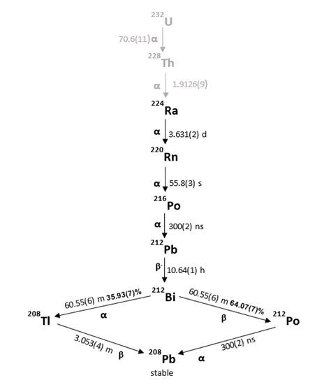 Thorium-228 decay chain. Half-lives for each nuclide are taken from the... | Download Scientific ...