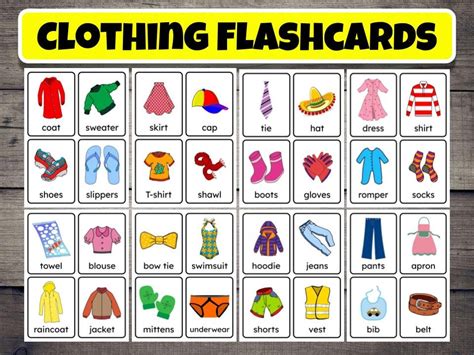 Printable Clothing Flashcards, Learning Cards for Kids, Preschoolers, Kindergarten, Vocabulary ...