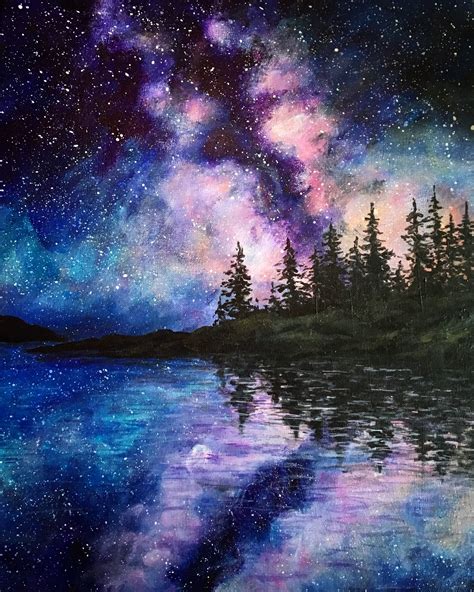 Midnight Lake | Lake painting, Sky painting, Night sky painting