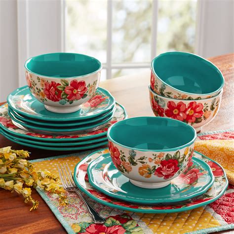 The Pioneer Woman Vintage Floral 12-Piece Dinnerware Set, Teal - Walmart.com - Walmart.com