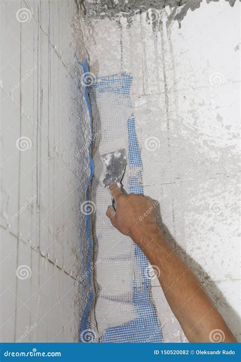 Plaster Mesh Tape. Contractor Hand Plastering House Room Corner Wall, Finishing Walls Stock ...