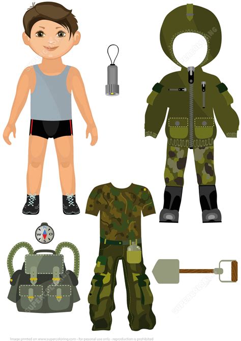 Boy Paper Doll with Clothing and Accessories for Camping Trip | Free Printable Papercraft Templates