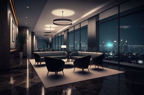 Empty Luxury Hotel Reception with Beautiful View of the City at Night Stock Illustration ...