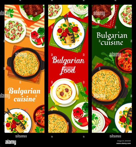 Bulgarian cuisine banners. Tarator and Supa Topcheta soups, vegetable salad Shopska, potato pie ...