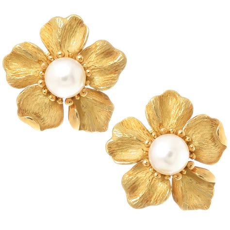 Tiffany and Co. Pearl Gold Wild Rose Flower Earrings at 1stdibs