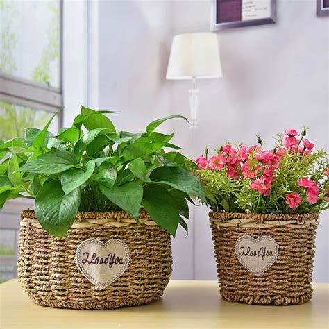 Straw Basket Indoor Tabletop Decoration Plant Pot Field Garden Manual Rattan Weaving Flower ...