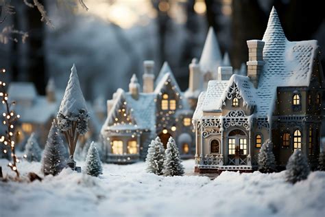 Christmas village with Snow in vintage style. Winter Village Landscape. Christmas Holidays ...