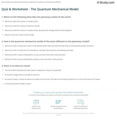 Quiz & Worksheet - The Quantum Mechanical Model | Study.com