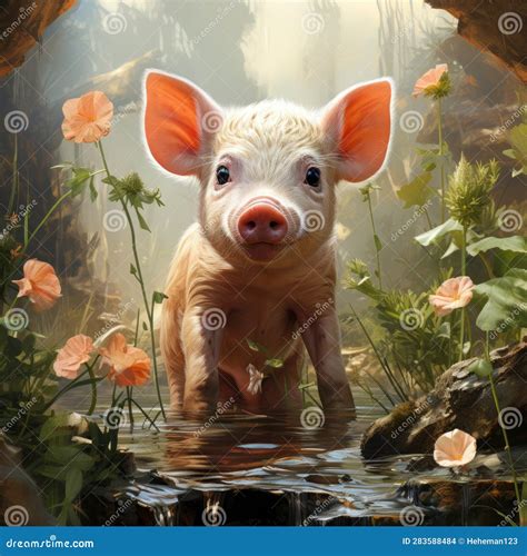 Cute Pink Baby Pig in Forest Wild Nature Habitat Near River Stock Illustration - Illustration of ...