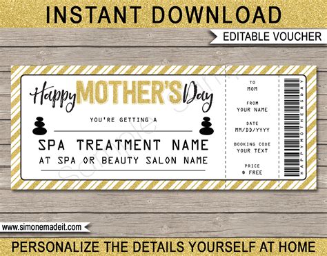 Printable Mother's Day Spa Voucher template | Spa Gift Certificate for Mom