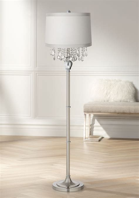 360 Lighting Traditional Chandelier Floor Lamp Satin Steel Chrome Crystal Off White Fabric Drum ...