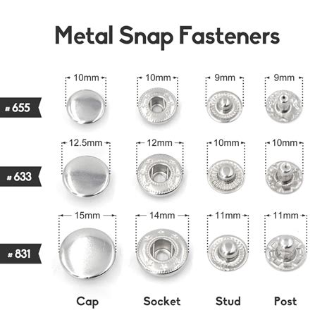 50sets Silver Color Metal Snap Fasteners Press Studs Snap Buttons 10mm #655, 12.5mm #633, 15mm ...