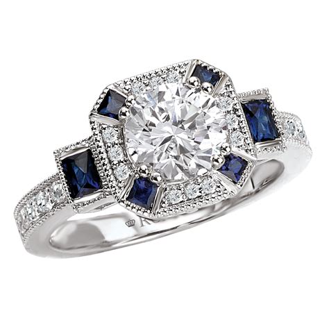 Diamond Sapphire Engagement Ring - Antique Style - 18K White Gold