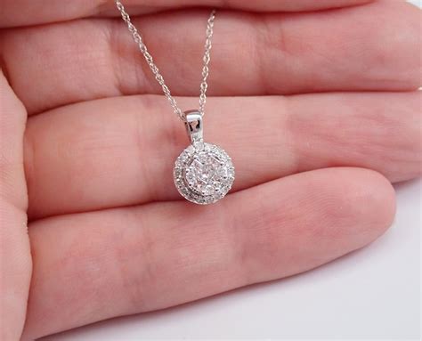 Diamond Cluster Pendant 14K White Gold Diamond Halo Circle Wedding Necklace Chain 18