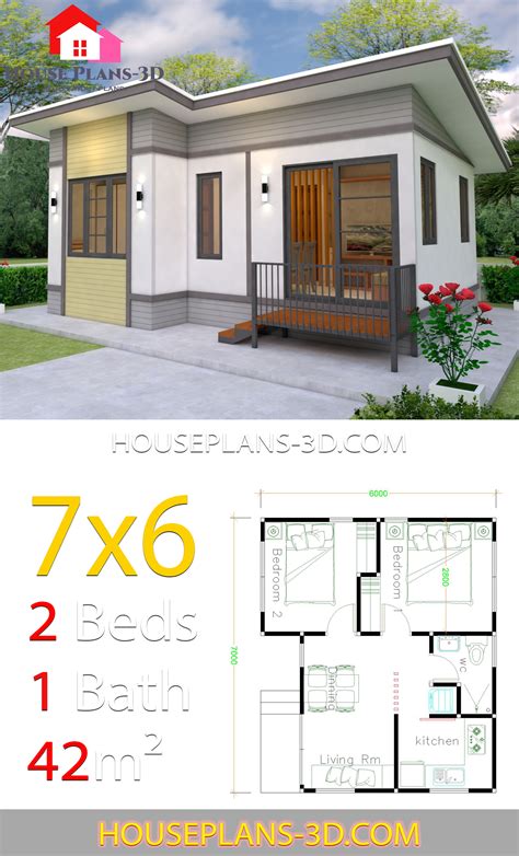 Small House plans 7x6 with 2 Bedrooms - House Plans 3D