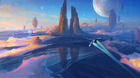 Galactic Dawn: Sci-Fi Landscape HD Wallpaper by Quentin Mabille