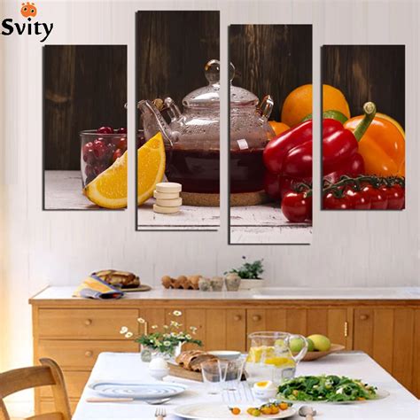 4 Panel Canvas Art Fruit Vegetable drinks Picture for Kitchen Living Room Wall Decor Canvas ...