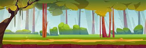 Sunny Morning in Green Forest Cartoon Landscape - Free Vector Templates - HD Stock Images