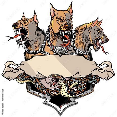 Cerberus hell hound and angry snake. Mythological three headed dog the guard of entrance to hell ...