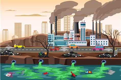 Air, water and soil pollution by industrial production, environmental pollution 21669884 Vector ...