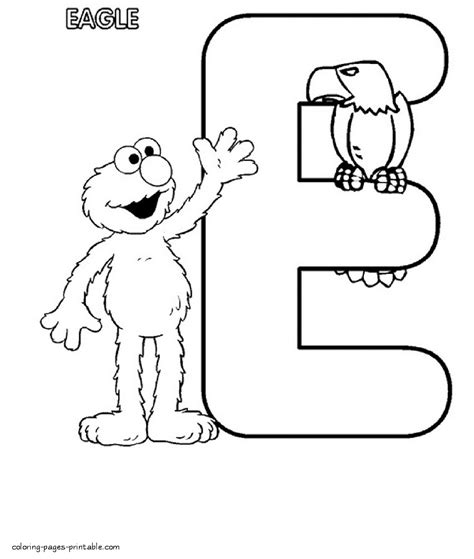 Elmo and an eagle. Sesame Street alphabet coloring pages. E letter || COLORING-PAGES-PRINTABLE.COM