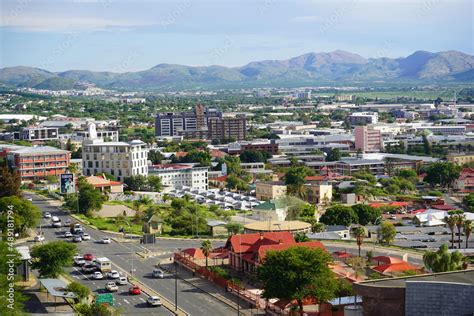 12 February 2022 - Windhoek, Namibia : View across city center of Windhoek, capital city of ...