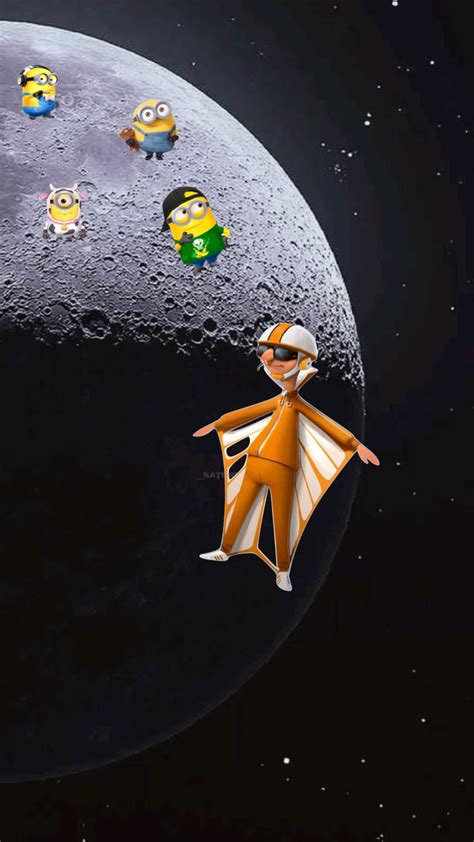 a cartoon character flying in front of the moon with other characters around him on it