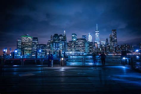 Manhattan and Brooklyn Bridge Night View and the People Stock Photo - Image of america, center ...