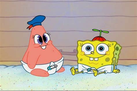 spongebob and patrick from the spongebob movie sitting in front of an apple