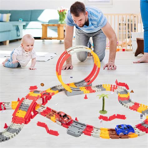 Race Tracks Toy for Boys Kids Dinosaur World Road Race Set 240 PCS with Flexible Train Tracks ...