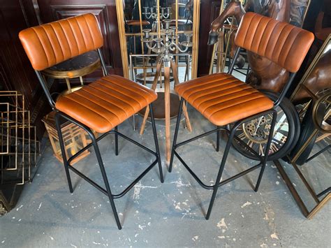 Pair of Vintage Style Ribbed Leather Bar Stools – John Cowell Limited