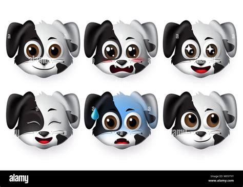 Emoji dogs vector set. Emoticons and emojis of puppy dog face in excited and scared mood and ...