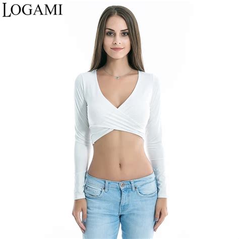 Aliexpress.com : Buy LOGAMI Long Sleeve V Neck Crop Top T Shirts for Women Sexy Crop Tops For ...