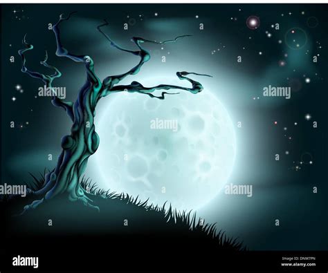 A spooky scary blue Halloween background scene with full moon, clouds, hill and scary tree Stock ...