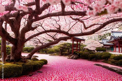 Beautiful japan temple in blossoming sakura garden, pink cherry trees, nature background ...