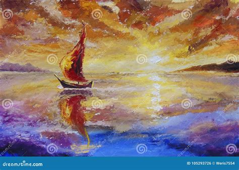 A Ship with Red Sails Original Oil Painting. Beautiful Sunset, Dawn Over Sea, Water ...