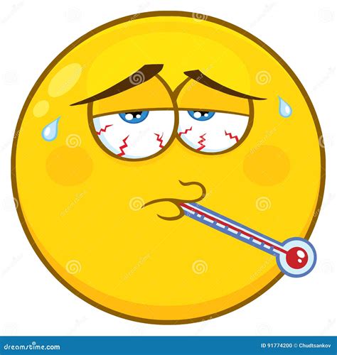 Sick Yellow Cartoon Smiley Face Character with Tired Expression and Thermometer Stock ...