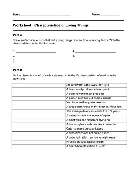 Characteristics Of Life Worksheet - Wordworksheet.com