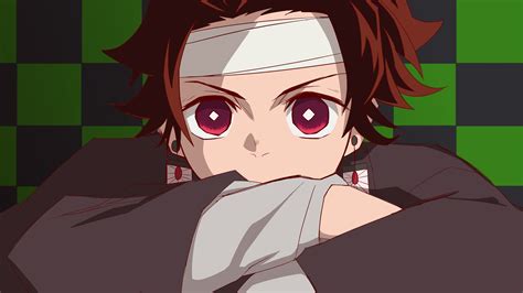 Demon Slayer Tanjirou Kamado Folding Hands With Red Eyes With Background Of Green And Black ...