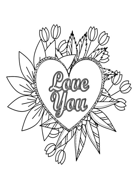 Love You with Flowers Heart Coloring Page - Free Printable Coloring Pages