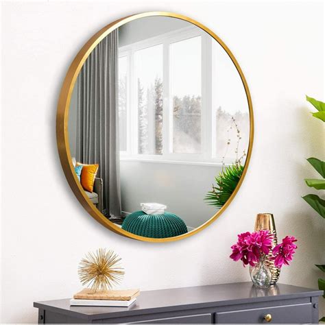 Neutype 28" Gold Round Wall Mirror, Modern Aluminum Alloy Frame Accent Wall-Mounted Decorative ...