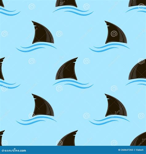 Shark Fin Silhouette Icon and Blue Waves on Blue Background. Seamless Pattern Stock Vector ...