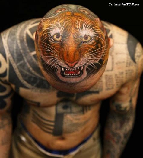 Great multicolored cartoon like angry tiger face tattoo on head - Tattooimages.biz