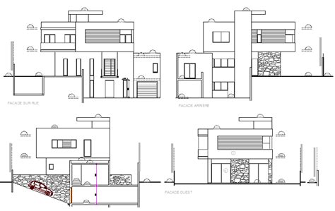 Three level modern house elevation and section details dwg file - Cadbull