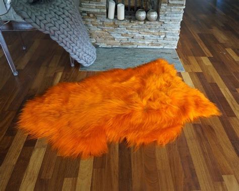 SHEEPSKIN Orange Throw Genuine Leather Sheep Skin Decorative Rug Orange Comfy, Cozy, Hair is ...